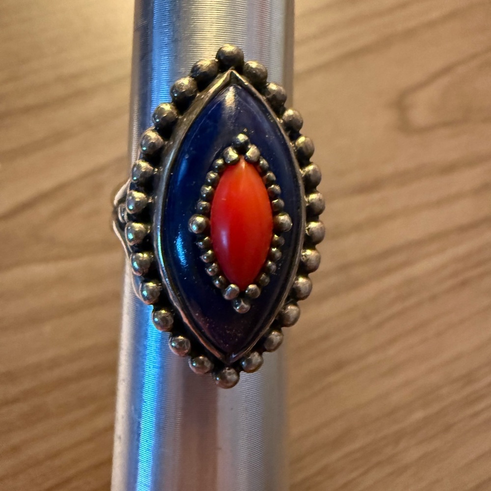 Cool Sterling Silver and Lapis or Sodalite Ring with Red Coral.